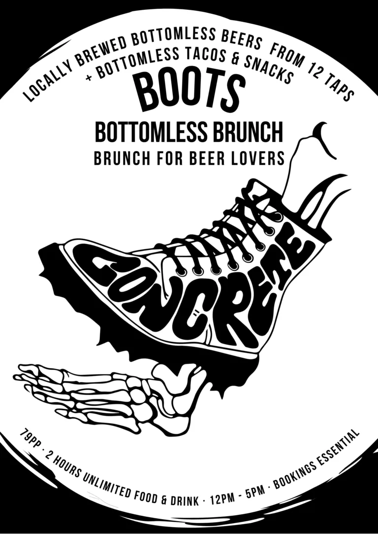 Boots Bottomless Brunch in Richmond with bold boot graphic and beer lovers theme
